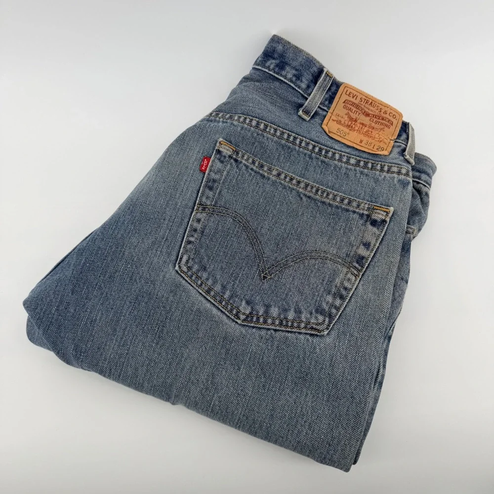 Levi's 505 Regular Fit Distressed Jeans Vintage Workwear 38x29 Medium Wash Blue